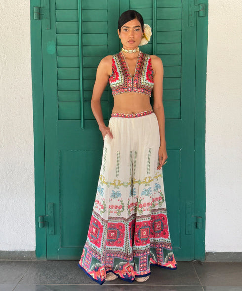 Beige Tussar & Chiffon Printed Co-Ord Set