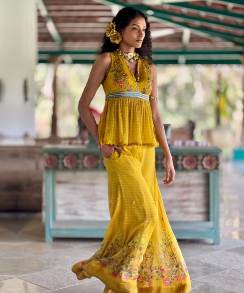 Mustard Chiffon Printed & Embroidered Co-Ord Set