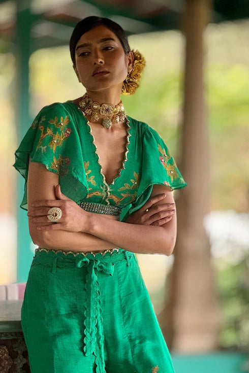 Emerald Green Chiffon Embroidered Co-Ord Set