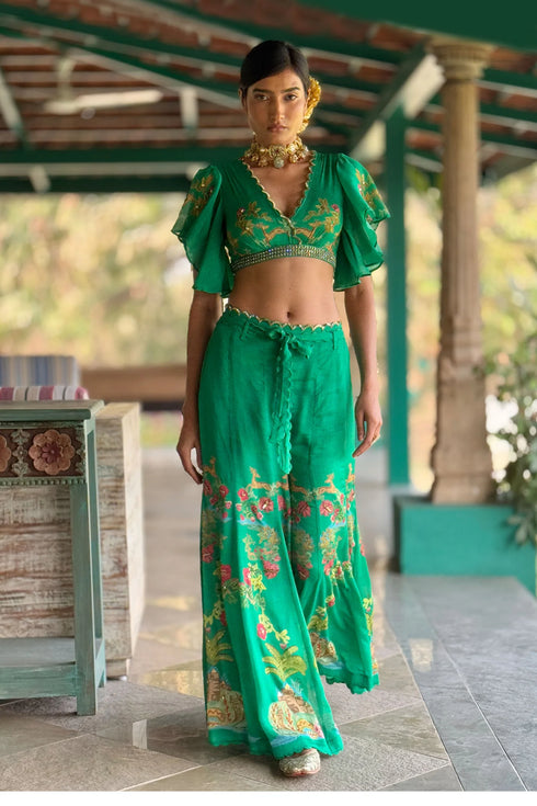 Emerald Green Chiffon Embroidered Co-Ord Set