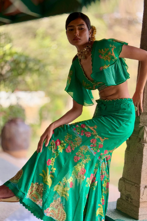 Emerald Green Chiffon Embroidered Co-Ord Set
