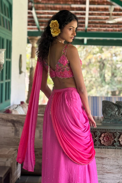 Hot PInk Tussar & Chiffon Pre-Draped Saree Set