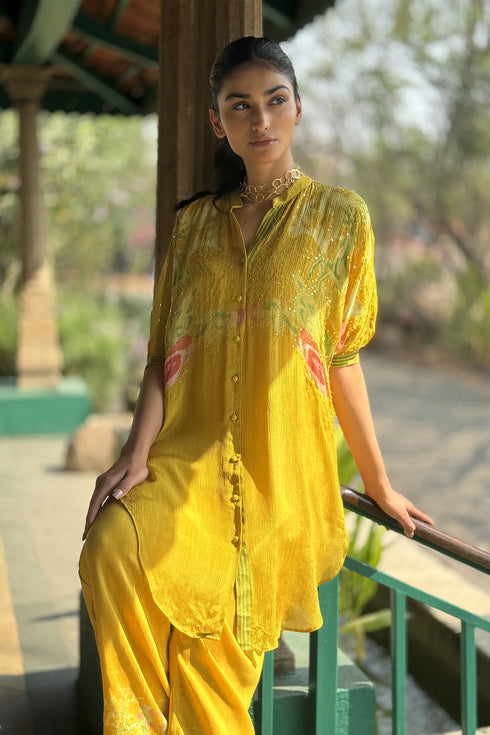 Yellow Chiffon & Linen Silk Co-Ord Set