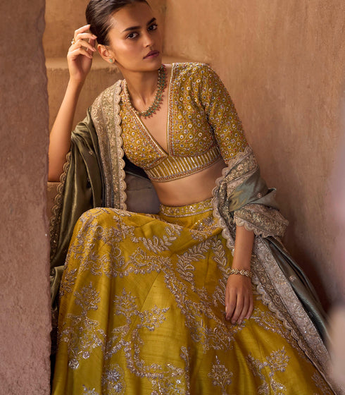 Mustard Raw Silk Lehenga Set