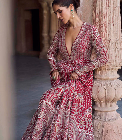 Red Organza Anarkali Set