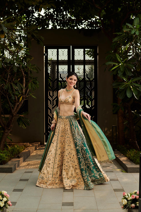 Beige & Rolling Hills Green Lehenga Set