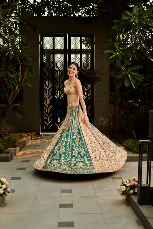 Beige & Rolling Hills Green Lehenga Set