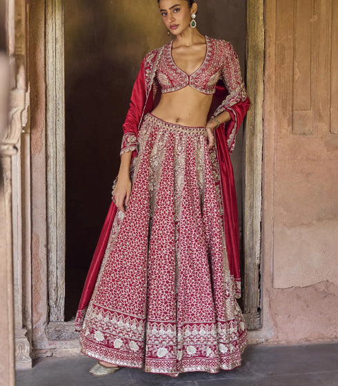 Red Raw Silk Lehenga Set