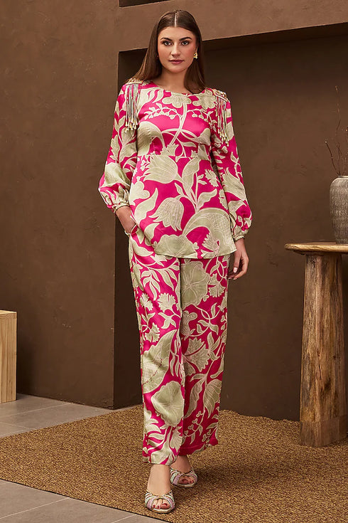 Pink Satin Linen Printed & Embroidered Co-Ord Set