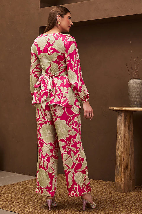 Pink Satin Linen Printed & Embroidered Co-Ord Set