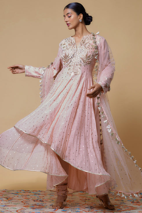 Blush Pink Embroidered Anarkali With Churidar And Dupatta