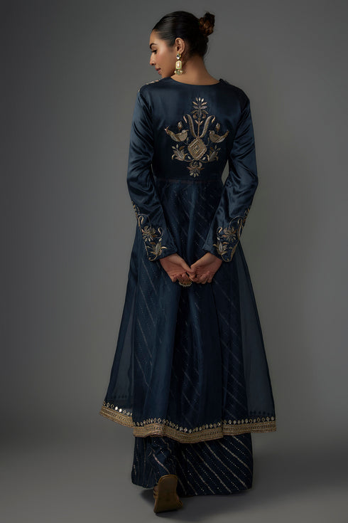 Navy Embroidered Anarkali And Palazzo With Embroidered Dupatta