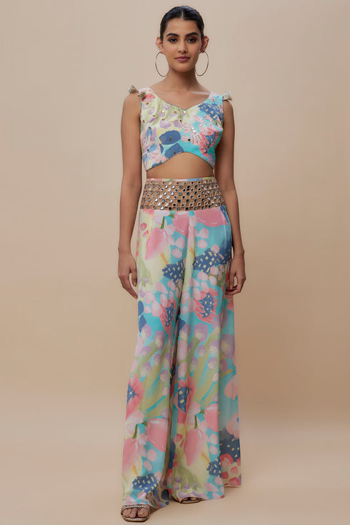Euphoria Print Lifted Choli And Embroidered Belt Palazzo
