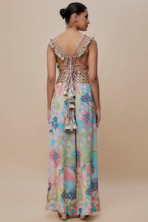 Euphoria Print Lifted Choli And Embroidered Belt Palazzo