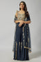 Navy Embroidered Back Tie-Up Choli With Sharara And Dupatta