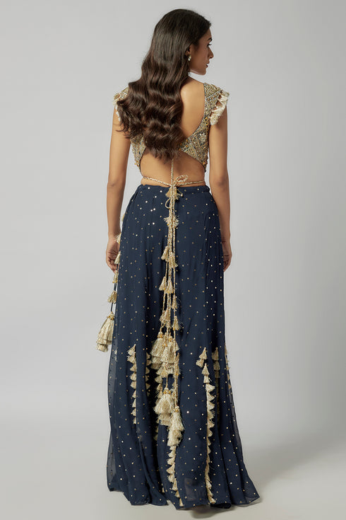 Navy Embroidered Back Tie-Up Choli With Sharara And Dupatta
