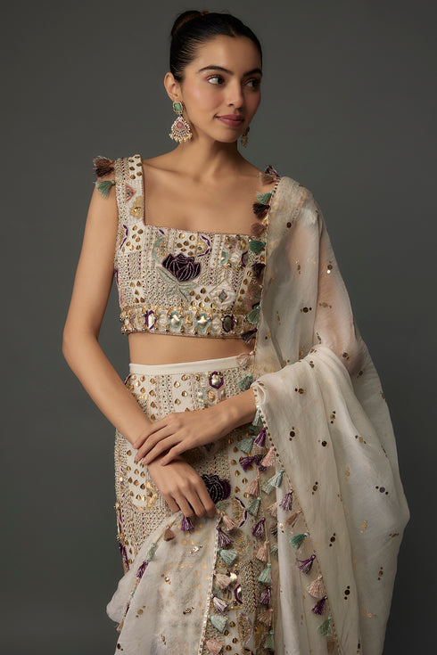 Off-White Embroidered Choli And Skirt With Dupatta