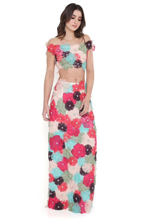 Off White 3D Flower Embroidered Choli With Fitted Skirt