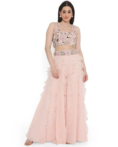 Rose Pink Geogertte Embroidered Choli With Back Tie Up And Georgette Sharara With Organza Ruffles