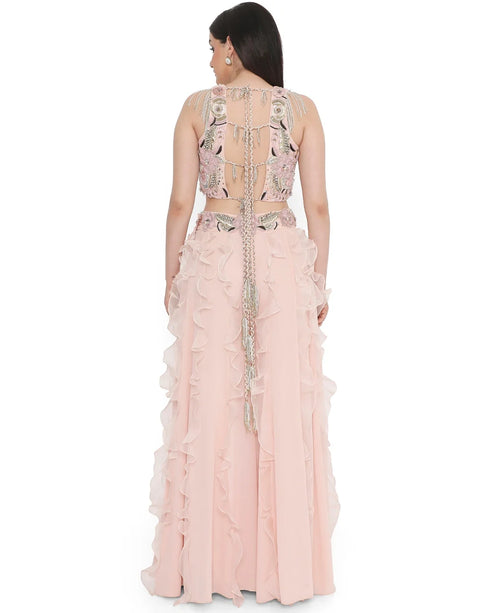 Rose Pink Geogertte Embroidered Choli With Back Tie Up And Georgette Sharara With Organza Ruffles