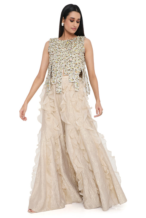 Off White Embroidered Top And Sharara With Ruffles