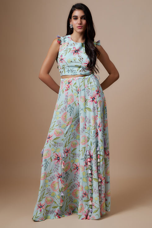 Lavender Printed Lifted Choli With Printed Sharara