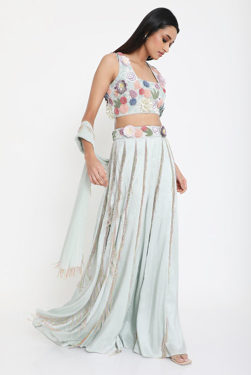 Sea Foam Embroidered Choli With Sharara And Dupatta