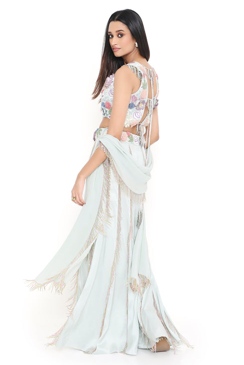 Sea Foam Embroidered Choli With Sharara And Dupatta