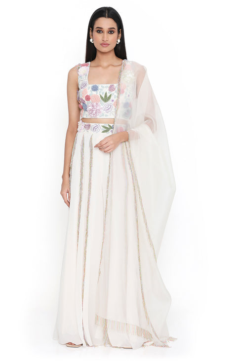 Off White Embroidered Choli With Sharara And Dupatta