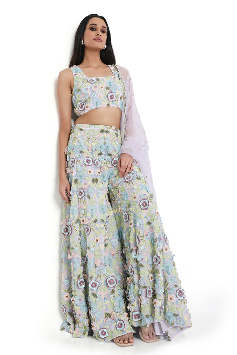 Lavender Embroidered Choli And Sharara With Dupatta