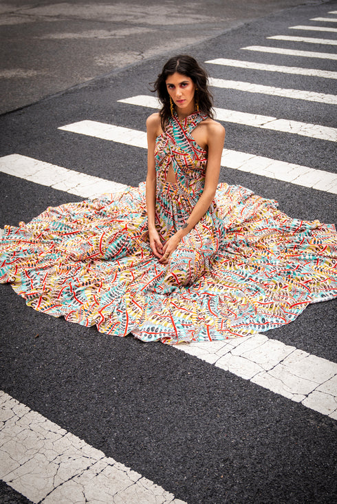 Ella Red Poison Ivy Print Crepe Halter Neck Maxi Dress