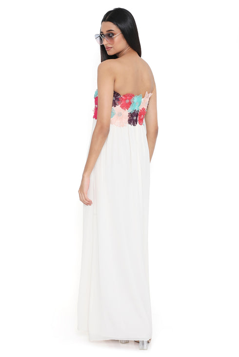 Off White 3D Flower Embroidered Maxi Dress