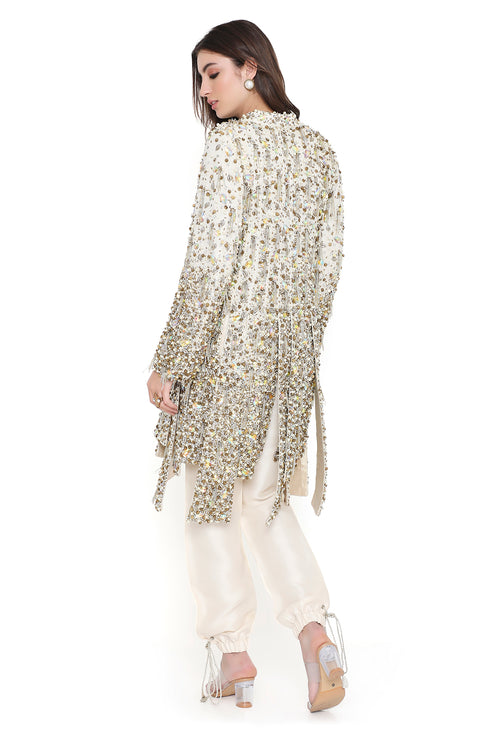 Off White Embroidered Jacket And Jogger Pant With Bottom Tie Up