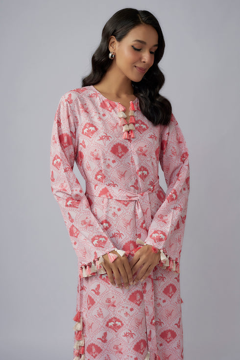Blush Pink Printed Art Crepe Long Beyza Kaftan With Belt
