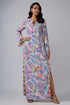 Blue Printed Art Crepe Long Beyza Kaftan With Belt