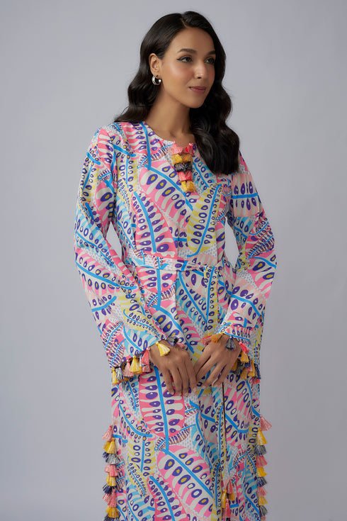 Blue Printed Art Crepe Long Beyza Kaftan With Belt