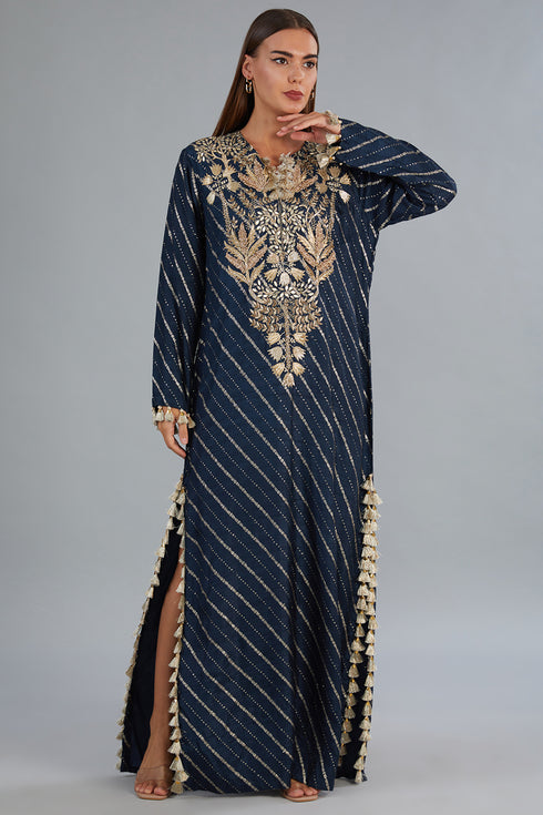 Navy Blue Dola Silk Embroidered Long Beyza Kaftan