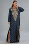 Navy Blue Dola Silk Embroidered Long Beyza Kaftan