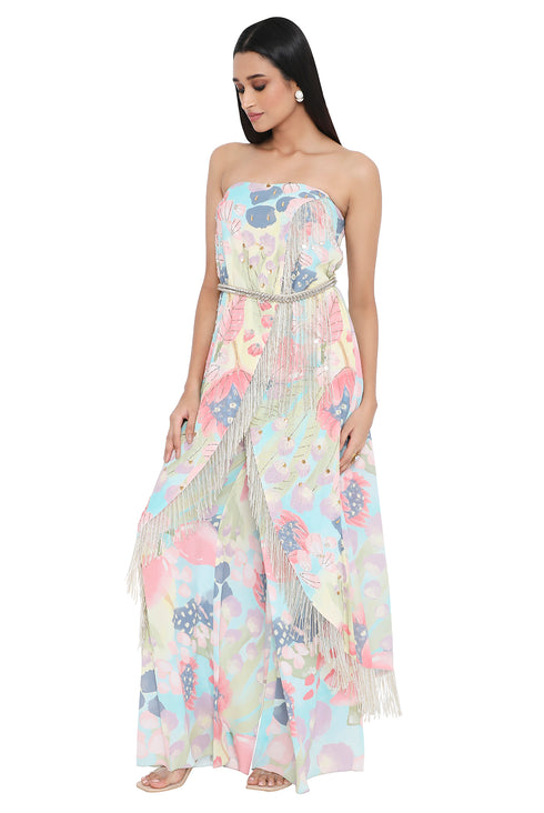 Euphoria Print Embroidered Tube Kurta And Pallazo With Leather Embroidered Belt