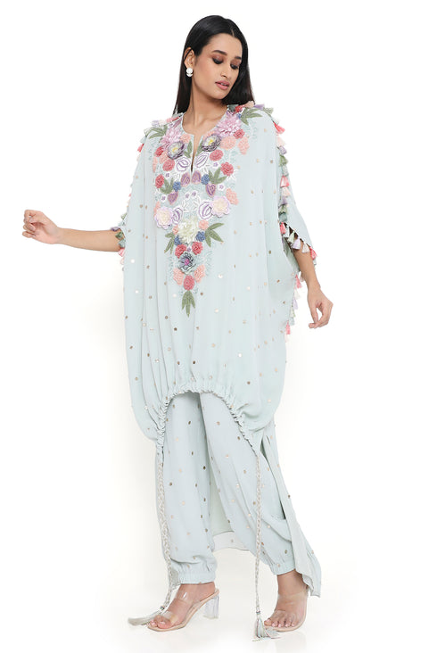 Sea Foam Embroidered High Low Kaftan With Jogger Pant