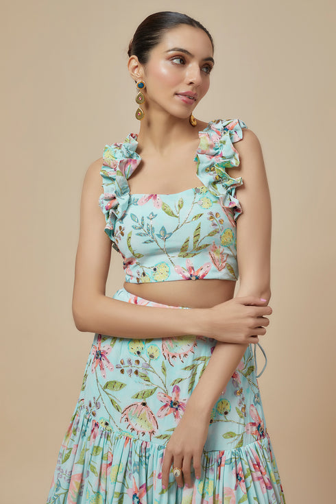 Lavender Printed Lifted Ruffled Choli And Lehenga