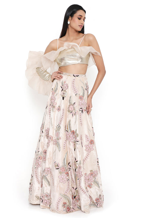 Gold One Sleeve Choli With Stone Ruffle And Embroidered Lehenga