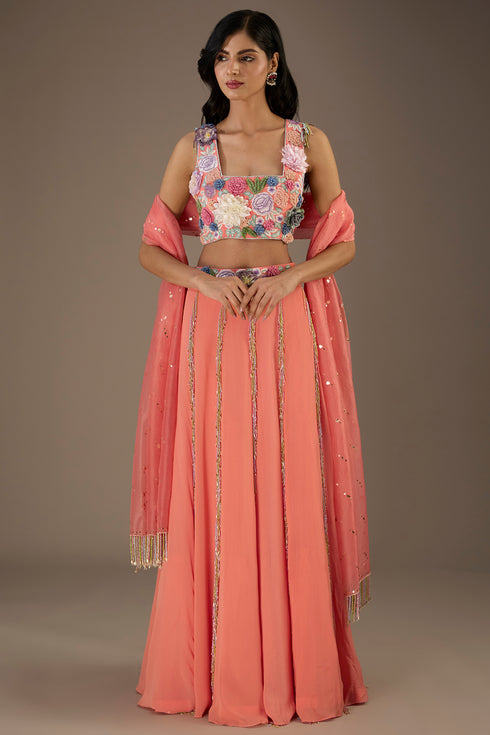 Coral Embroidered Back Tie-Up Choli With Lehenga And Dupatta