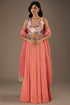 Coral Embroidered Back Tie-Up Choli With Lehenga And Dupatta