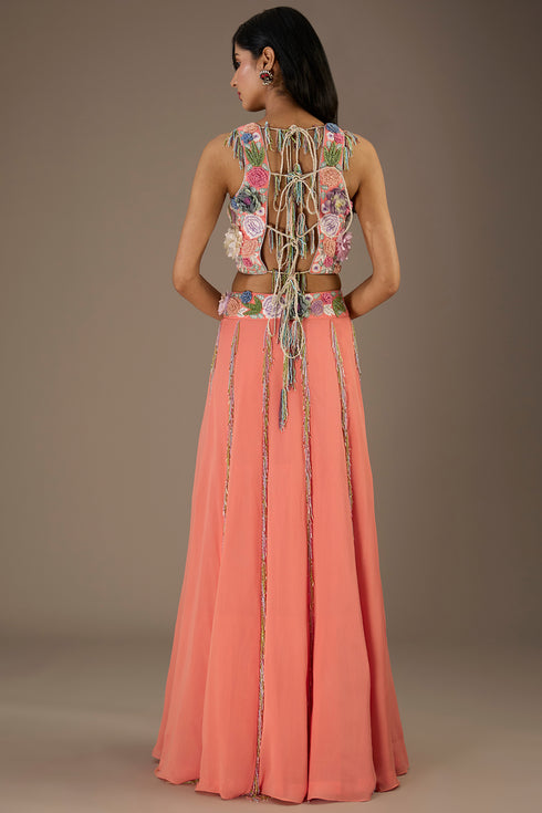 Coral Embroidered Back Tie-Up Choli With Lehenga And Dupatta