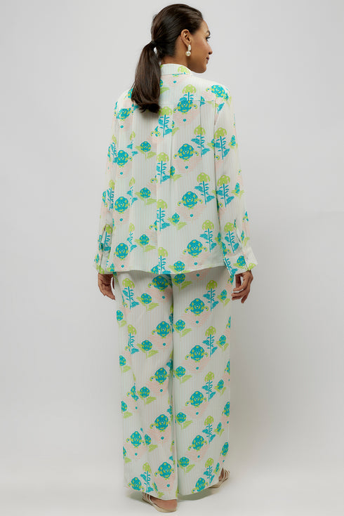 Teal Printed Crepe Shirt And Pant