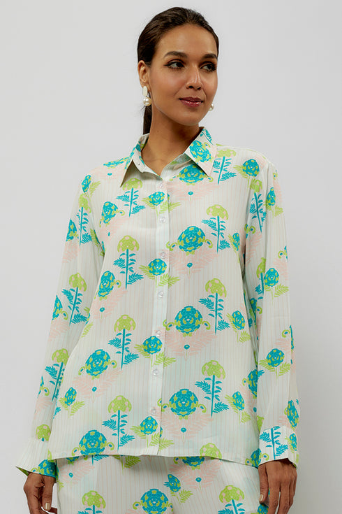 Teal Printed Crepe Shirt And Pant