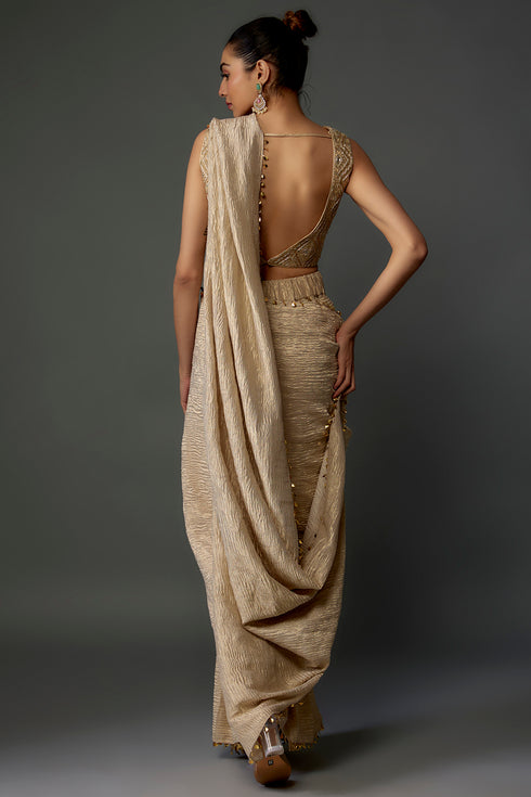 Gold Embroidered Choli And Pre-Stitched Saree