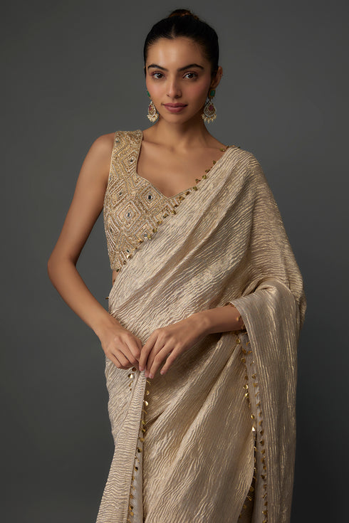 Gold Embroidered Choli And Pre-Stitched Saree