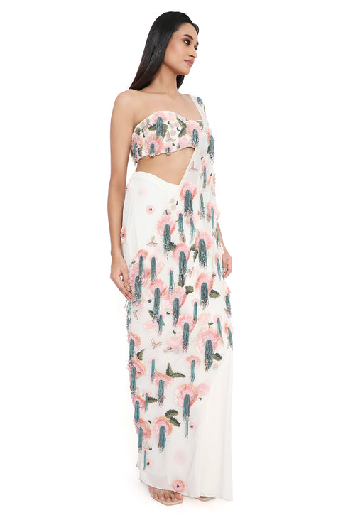 Off White Embroidered Bustier And Pre- Stitched Scattered Butti Saree With Attached Embroidered Pallu